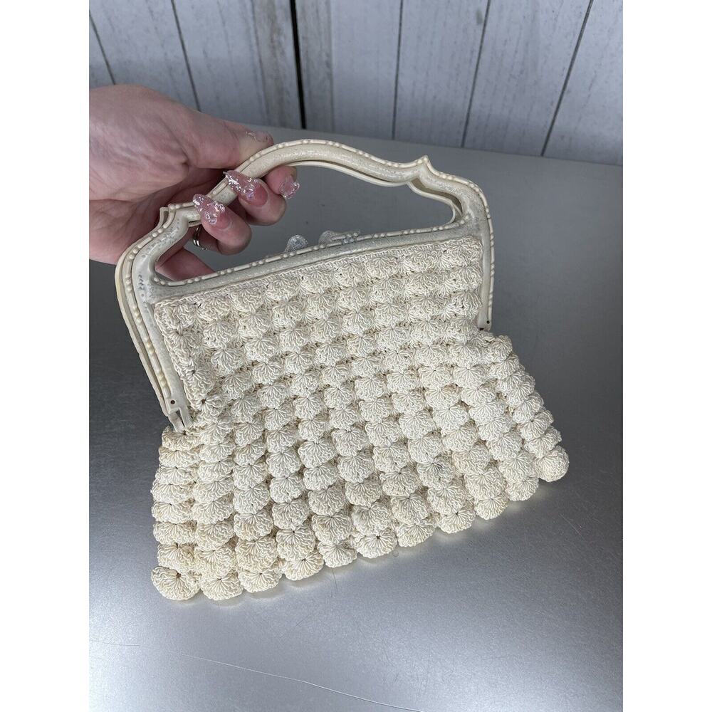1930s Vintage Cream Celluloid Plastic Handle Purse Crochet Handbag Unique